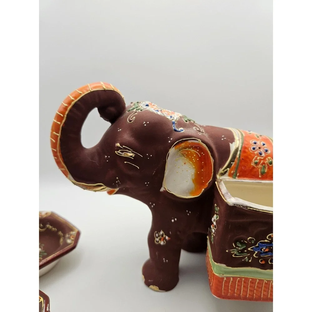 Vintage 1920s Japanese Satsuma Moriage Elephant Ashtray and Cigarette Holder Set
